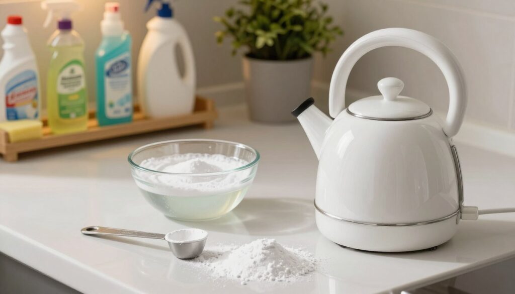 A clean and modern kitchen counter featuring a kettle, with a focus on the process of cleaning it using baking soda. In the foreground, a sparkling white kettle is placed on a pristine countertop, surrounded by scattered baking soda and a measuring spoon. The middle ground shows a small bowl filled with water and baking soda mixture, glistening under warm, soft lighting. In the background, shelves lined with neatly organized cleaning supplies and a potted plant add a touch of freshness. The composition emphasizes cleanliness and safety, evoking a calm and efficient mood. A slight overhead angle captures the intricate details of the cleaning process, showcasing the versatility and effectiveness of baking soda without any clutter or distractions.