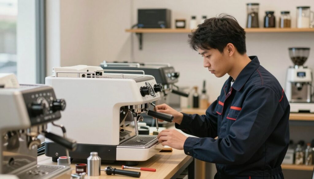 A clean and organized coffee machine repair service workshop. In the foreground, an expert technician in a smart business outfit is carefully inspecting a coffee machine, looking focused and professional. Tools and spare parts are neatly arranged on a workbench beside him. In the middle ground, various coffee machines in different states of disassembly can be seen, showcasing repair processes. In the background, a well-lit workspace with shelves filled with coffee-related equipment adds depth. Soft, warm lighting creates an inviting atmosphere, emphasizing the professionalism of the setting. The image conveys a sense of reliability and expertise in coffee machine maintenance, ideal for illustrating the topic of service and repair.