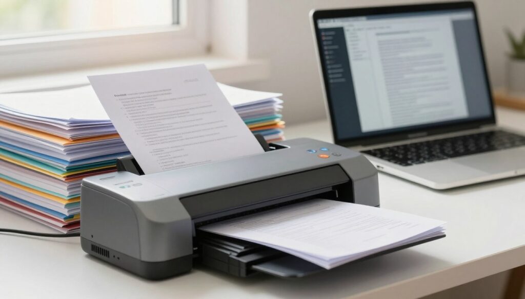 A clean and organized workspace showcasing a stack of neatly arranged multi-page documents, featuring various colors and sizes. In the foreground, a high-quality scanner is positioned, with documents emanating from it, symbolizing the scanning process. The middle ground includes a laptop displaying a scanned document on the screen, indicating successful digitization. The background features soft, natural lighting filtering through a nearby window, casting a warm, inviting glow across the scene. The atmosphere conveys a sense of calm efficiency, free from chaos, inviting viewers to visualize a methodical approach to handling paperwork. The focus is on clarity and organization, emphasizing the theme of managing multi-page and double-sided documents seamlessly.