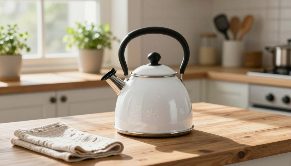 A clean and polished enamel kettle on a rustic wooden kitchen table, surrounded by natural light streaming in through a nearby window. The kettle, glistening with clarity, features delicate floral patterns, showcasing its maintained surface. In the foreground, a soft, textured cloth lies beside the kettle, hinting at regular maintenance habits. The background features potted herbs and kitchen utensils, creating a cozy atmosphere. The scene captures a serene and tidy kitchen environment, emphasizing cleanliness and care for household items. The lighting is warm, casting gentle shadows that enhance the kettle’s shine. The overall mood is inviting and calm, representing good habits for maintaining the enamel kettle's beauty over time.