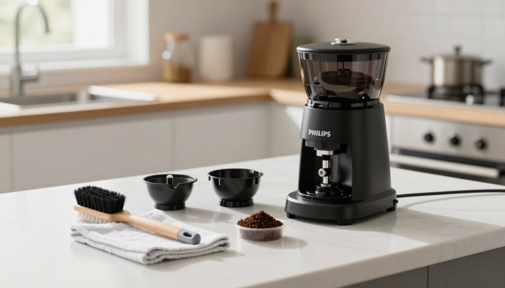 A clean kitchen countertop featuring a Philips coffee grinder disassembled for cleaning. In the foreground, a variety of cleaning tools: a soft brush, a microfiber cloth, and a small container for coffee grounds. The grinder components, including the hopper and burrs, are placed neatly beside the tools, showing their intricate details. In the middle ground, the countertop is tidy, highlighting a bright, well-lit kitchen environment filled with natural light streaming through a window. In the background, minimalist kitchen decor adds warmth without distraction. The atmosphere is calm and organized, evoking a sense of preparation and care. Focused close-up shot with soft shadows and sharp highlights to emphasize the tools and grinder components.