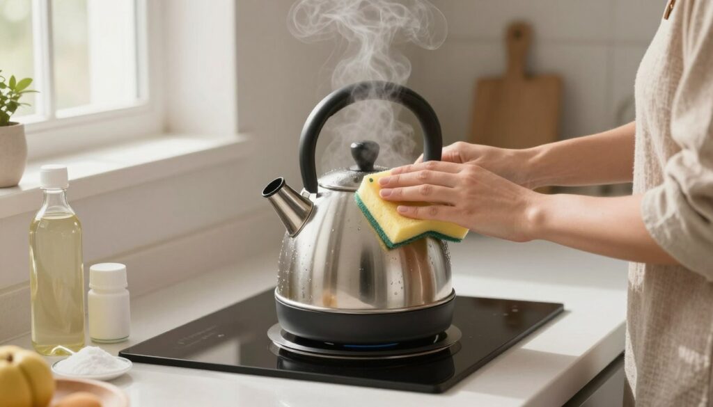 A clean, modern kitchen countertop featuring a kettle being safely cleaned. In the foreground, a person in modest casual clothing gently scrubs the kettle with a soft sponge, emphasizing proper cleaning techniques. The middle layer showcases the kettle, with steam rising from it, highlighting the sparkling clean surface. Surrounding the kettle are natural cleaning agents like vinegar and baking soda, neatly arranged. In the background, soft, diffused lighting filters through a window, creating a warm and inviting atmosphere. The scene conveys care and attention to detail in maintaining home appliances, emphasizing safety and effectiveness in cleaning practices. The angle captures the action from a slightly elevated perspective, focusing on the connection between the person and the kettle.
