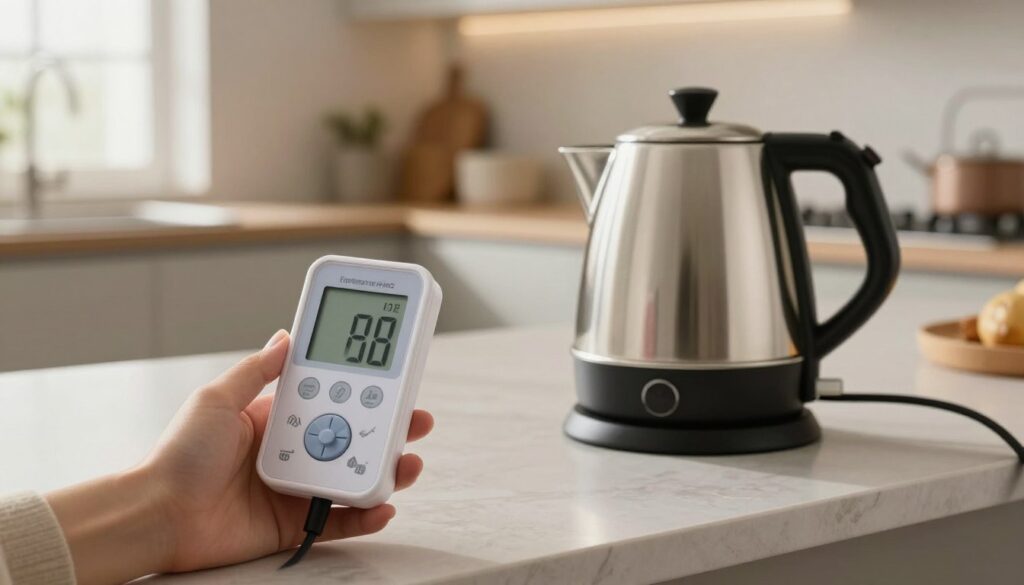 A clear and detailed scene featuring a modern kitchen with an electric kettle on a countertop. In the foreground, a hand is holding a digital power meter, displaying the energy consumption reading of the kettle in standby mode. In the middle ground, the kettle is plugged in, with visible power cord and a soft glow indicating it is on. The background shows a well-organized kitchen with subtle lighting, emphasizing a clean and efficient living space. Natural light filters through a nearby window, creating a warm atmosphere. The image is photographed from a slightly elevated angle, focusing on the interaction between the hand, the meter, and the kettle, providing an educational and informative mood.