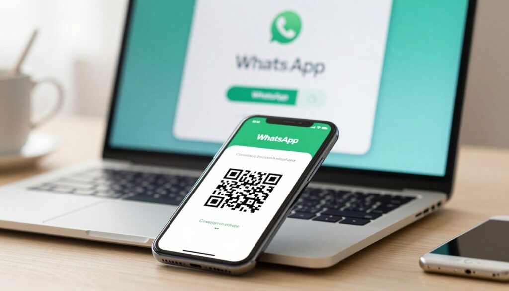 A close-up of a smartphone displaying a QR code for connecting WhatsApp, prominently featured in the foreground. The background features a sleek laptop screen with the WhatsApp interface open, showcasing a clear view of the connection process. Soft, natural light illuminates the scene, creating an inviting atmosphere. The smartphone sits on a modern desk, surrounded by minimalistic stationery, conveying a professional and tech-savvy environment. A slightly blurred effect on the laptop adds a depth-of-field focus on the QR code. Capture this in a high-resolution image with a warm color palette, emphasizing clarity and modernity in the design, reflecting a seamless integration of technology for communication.