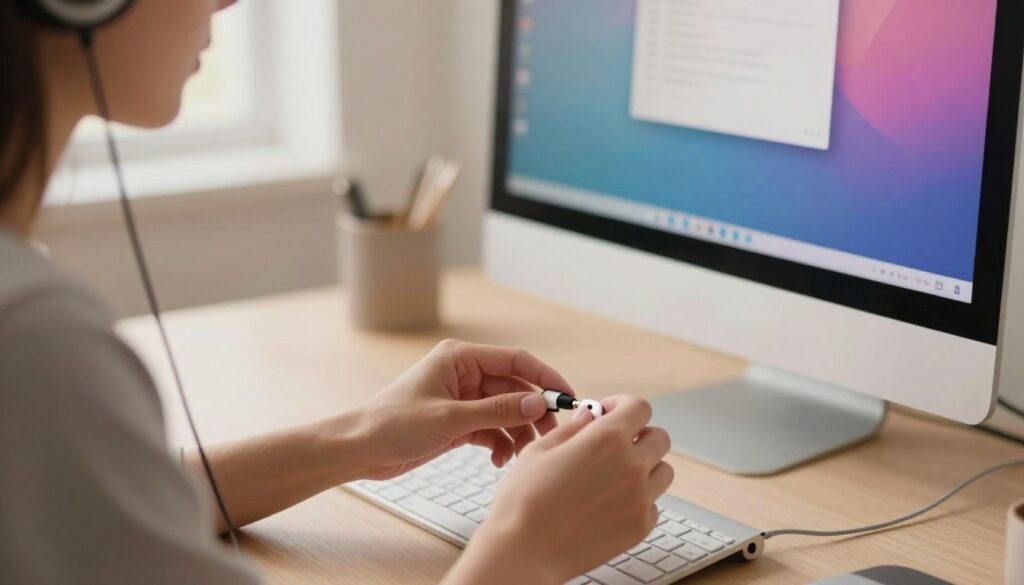 A close-up scene of a person wearing modest casual clothing connecting wired headphones to a computer. In the foreground, the hands gently insert a headphone jack into the computer's audio port, showcasing the details of the connection. The middle ground features a sleek and modern desktop computer with a clear monitor displaying a vibrant interface. The background is softly blurred, hinting at a cozy workspace with a minimalistic design. Warm, natural lighting comes from a nearby window, casting a soft glow over the scene, creating a welcoming and professional atmosphere. Focus on capturing the essence of a simple yet effective technology interaction, emphasizing ease of use and clarity.