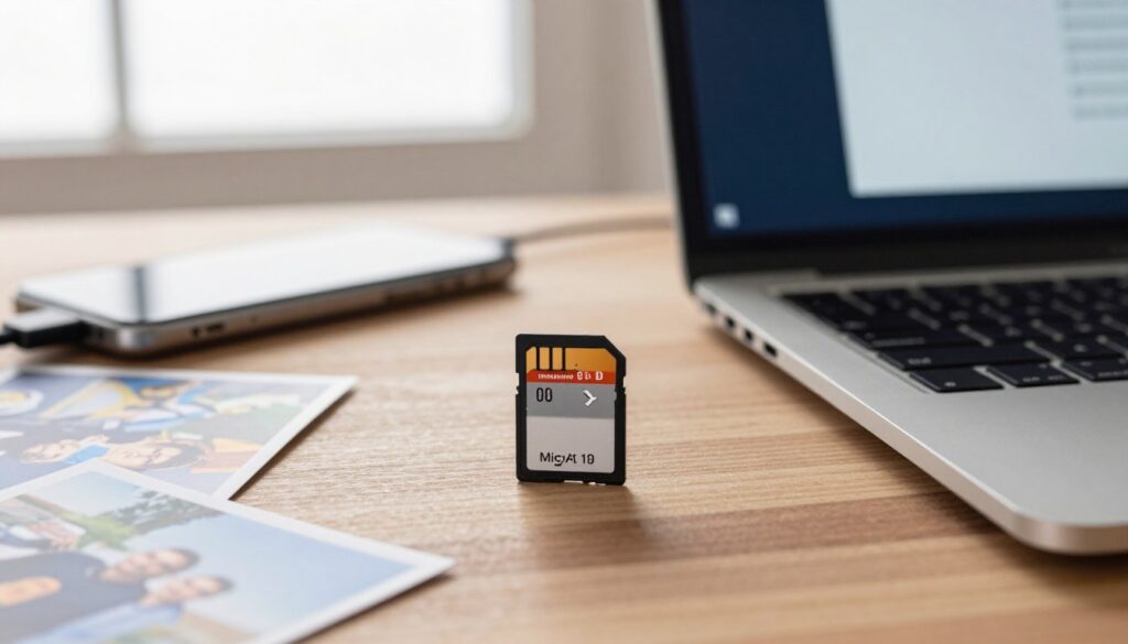 A close-up shot of a microSD memory card positioned on a sleek wooden desk, with a laptop and smartphone in the background, partially illuminated by soft, natural light coming through a nearby window. The memory card, clearly displaying its branding and storage capacity, is surrounded by a few scattered photographs and a USB card reader, conveying the concept of transferring photos. The laptop screen shows a file transfer interface, while the smartphone is connected via a cable. The atmosphere is tech-savvy and professional, emphasizing efficiency and modernity. The composition should have a clean and organized feel, creating a focus on the process of photo transfer between devices. A close-up shot of a microSD memory card positioned on a sleek wooden desk, with a laptop and smartphone in the background, partially illuminated by soft, natural light coming through a nearby window. The memory card, clearly displaying its branding and storage capacity, is surrounded by a few scattered photographs and a USB card reader, conveying the concept of transferring photos. The laptop screen shows a file transfer interface, while the smartphone is connected via a cable. The atmosphere is tech-savvy and professional, emphasizing efficiency and modernity. The composition should have a clean and organized feel, creating a focus on the process of photo transfer between devices.