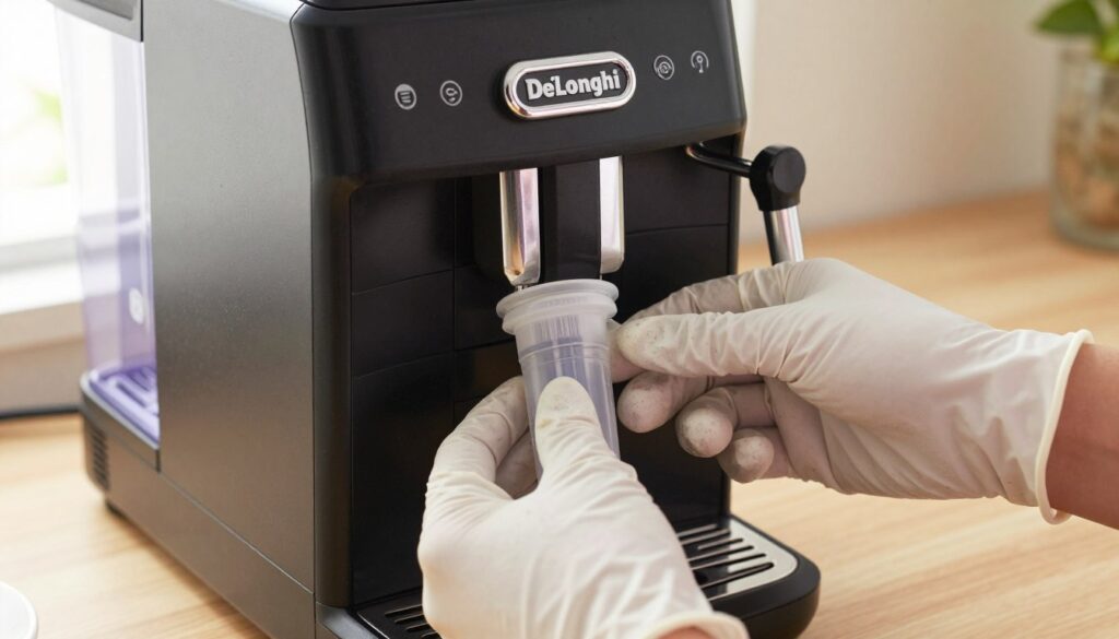 A close-up view of a De'Longhi coffee machine on a kitchen countertop, showcasing the step-by-step process of water filter replacement. In the foreground, hands wearing modest, professional gloves are carefully removing the used water filter from the machine. The middle ground features the coffee machine with its sleek design, highlighting the water tank area where the filter is located. The background includes soft-focused kitchen elements like a window with natural light streaming in, enhancing the warm and inviting atmosphere. The lighting is bright but soft, creating a clean and fresh ambiance. The angle is slightly above the machine, emphasizing the action of the filter replacement while keeping the entire machine in view.