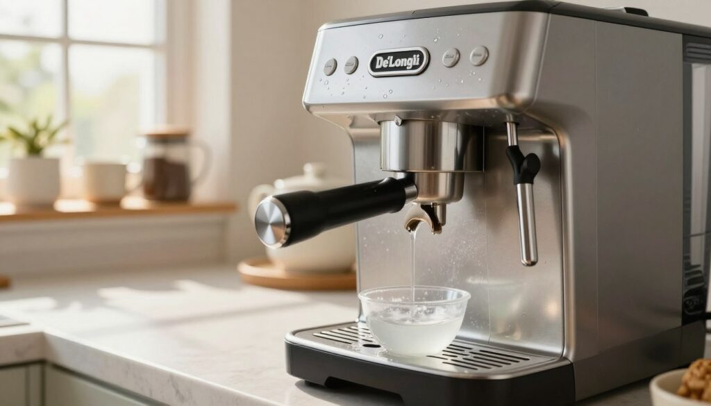 A close-up view of a De'Longhi coffee machine undergoing descaling to remove limescale, set on a kitchen countertop. In the foreground, focus on the machine's sleek metallic finish with water droplets and a small bowl of descaler solution beside it. The middle ground features a bright kitchen environment, with a window allowing natural sunlight to stream in, casting warm light on the scene. In the background, a tidy kitchen with coffee accessories on a shelf adds context. The atmosphere is clean and inviting, hinting at the importance of maintaining the coffee maker for optimal performance. Use high-resolution details, with soft focus on the background to draw attention to the machine.