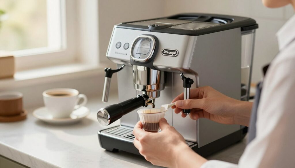 A close-up view of a De'Longhi coffee machine with a focus on the water filter compartment. In the foreground, show the filter being carefully removed and examined by a person in a tidy kitchen, dressed in a neat, professional attire. The middle ground captures the coffee machine on a polished countertop, highlighting its sleek design and modern features. The background features soft, blurred kitchen elements, like coffee cups and a window letting in warm, natural light, creating an inviting and cozy atmosphere. The lighting should be bright and cheerful, emphasizing cleanliness and attention to detail, with a depth of field that draws the viewer's eye to the filtering process, instilling a sense of care in coffee preparation.