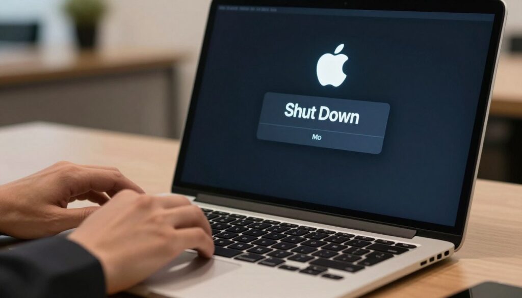 A close-up view of a MacBook screen displaying the macOS shutdown menu, with the iconic Apple logo subtly illuminated in the background. The screen shows a dark mode interface, highlighting the 'Shut Down' option in a visually striking manner. In the foreground, a pair of hands, dressed in professional business attire, are poised over the keyboard, illustrating the action of closing the laptop without using a mouse. The ambient lighting is soft and warm, creating a focused atmosphere, with reflections on the sleek laptop surface. The background features a blurred, modern workspace, enhancing the professional environment. The overall mood conveys a sense of calm efficiency amidst potential technical difficulties.