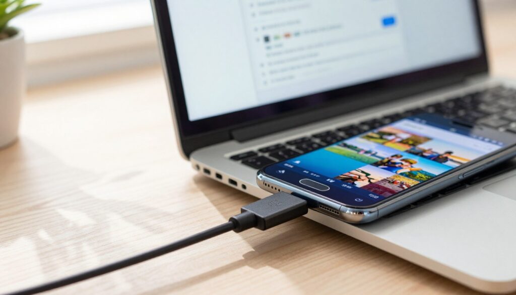 A close-up view of a USB cable connecting a Samsung smartphone to a laptop, showcasing the connection point where data transfer occurs. The foreground features the smartphone's screen lit up, displaying a vibrant gallery of photos ready for transfer, while the laptop screen in the middle ground shows file transfer progress integrated into a clean interface. The background is softly blurred, suggesting a modern, well-lit workspace with subtle hints of office decor. Natural light streams in from a nearby window, casting soft shadows and emphasizing the sleek design of the devices. The mood is focused and efficient, illustrating the process of transferring photos seamlessly. A close-up view of a USB cable connecting a Samsung smartphone to a laptop, showcasing the connection point where data transfer occurs. The foreground features the smartphone's screen lit up, displaying a vibrant gallery of photos ready for transfer, while the laptop screen in the middle ground shows file transfer progress integrated into a clean interface. The background is softly blurred, suggesting a modern, well-lit workspace with subtle hints of office decor. Natural light streams in from a nearby window, casting soft shadows and emphasizing the sleek design of the devices. The mood is focused and efficient, illustrating the process of transferring photos seamlessly.