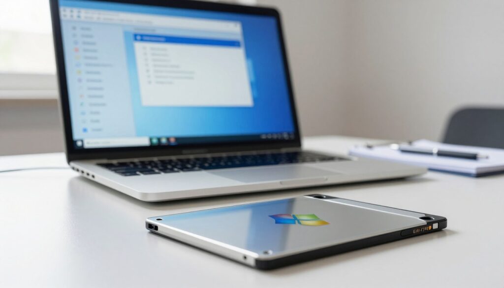 A close-up view of a Windows 7 recovery disk prominently displayed in the foreground, showcasing its sleek, reflective surface and the recognizable Windows logo. In the middle distance, a modern laptop is partially open, with the screen displaying the recovery interface, featuring a blue background and recovery options listed. The background features a stylish, minimalistic workspace with a soft-focus on a desk that has a notepad and a pen, creating a sense of organization and calm. Bright, natural lighting from a nearby window enhances the clean and professional atmosphere. The mood is informative and reassuring, representing a step-by-step guide to restoring a computer. Ensure the scene is clear of any text overlays or distractions, maintaining focus on the recovery process visuals.