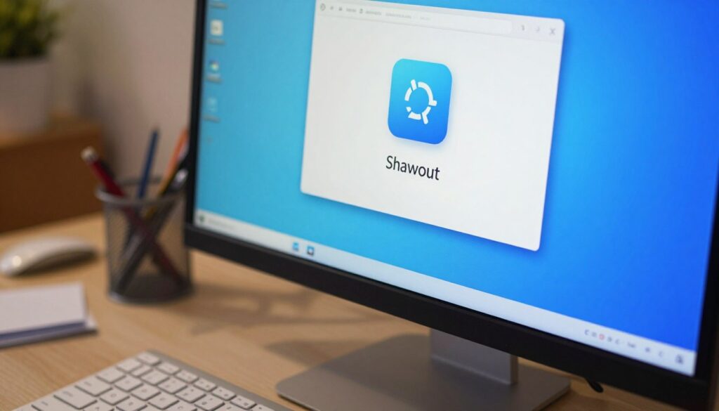 A close-up view of a computer desktop featuring a custom shutdown icon on the screen, representing a shortcut to turn off the computer. In the foreground, a sleek modern monitor displays the vibrant desktop icon, designed with a clean aesthetic in mind. The middle layer shows a well-organized workspace with a keyboard and a slightly cluttered desk, adding realism to the scene. In the background, soft ambient lighting creates a warm atmosphere, enhancing the focus on the screen. The image captures a professional mood, emphasizing the theme of effective computer usage without traditional controls. The angle is slightly elevated, giving a clear view of the desktop while maintaining a subtle depth that draws the viewer’s attention to the icon.