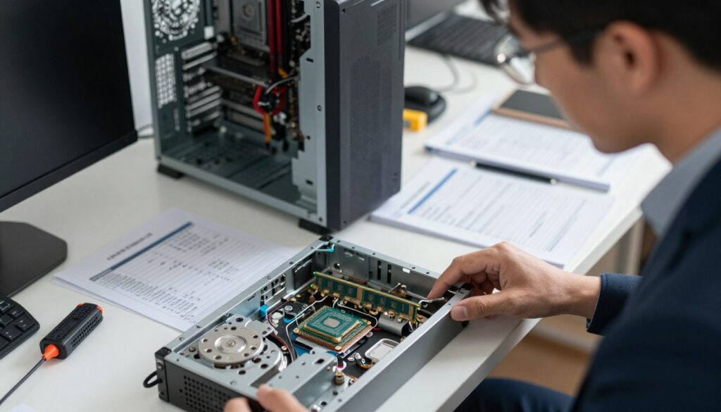 A close-up view of a computer technician inspecting an old desktop computer to check compatibility with Windows 11. In the foreground, a focused technician wearing professional business attire is intently looking at the computer's internal components, such as the CPU and RAM. The middle ground includes a disassembled computer case with various hardware parts scattered, while a checklist for system requirements remains visible next to it. The background shows a well-lit workspace filled with computer tools and manuals, conveying a sense of professionalism and expertise. Soft, warm lighting enhances the atmosphere, creating a sense of clarity and diligence. The angle should be slightly tilted downwards to emphasize the technician's concentration on the task at hand.