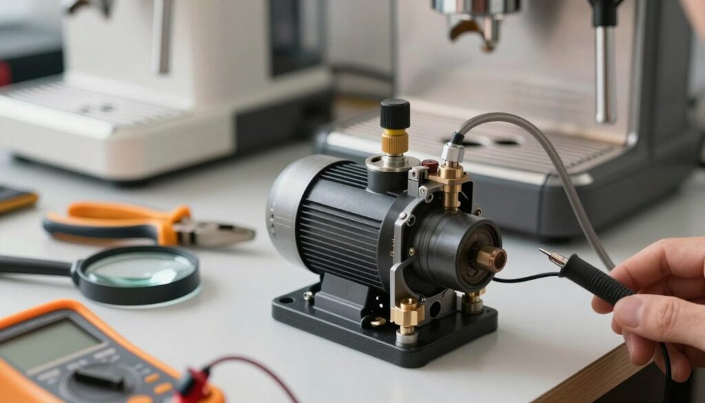 A close-up view of a disassembled coffee machine pump on a workbench, with a focus on the internal components such as the motor, tubing, and valves. The foreground highlights a multimeter testing the voltage, indicating troubleshooting efforts. In the middle ground, tools like screwdrivers, pliers, and a magnifying glass are organized neatly, suggesting a meticulous inspection process. The background features a blurred coffee machine and a subtle workshop atmosphere, lit with bright, even lighting to emphasize the technical details. The image conveys a sense of precision and diligence, capturing the essence of diagnosing water flow issues in coffee machines.