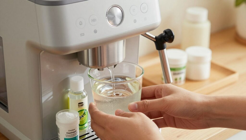A close-up view of a modern coffee machine being descaled, with a focus on the water reservoir filled with a clear solution of vinegar, surrounded by small containers of natural descaling products like citric acid and baking soda. The foreground features a hand gently pouring the solution into the reservoir, emphasizing a safe, home-based approach to maintenance. The middle ground showcases the sleek design of the coffee machine, highlighting its buttons and steam wand. In the background, a tidy kitchen setting with soft, warm lighting creates a cozy atmosphere, suggesting a practical, inviting home environment. The angle is slightly tilted to give depth, capturing the essence of DIY coffee maker care without any textual distractions.