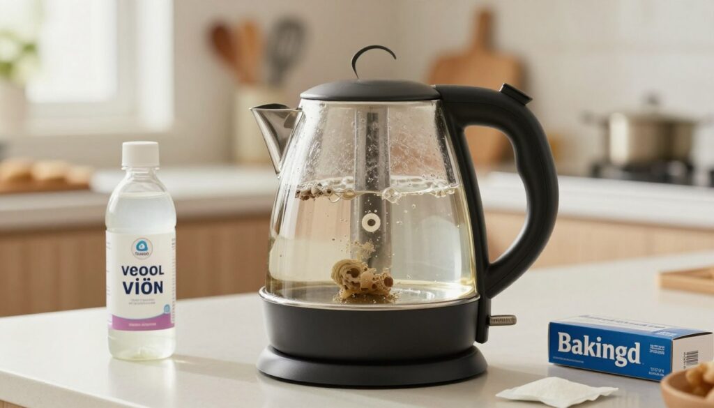 A close-up view of a modern electric kettle, prominently displaying the interior with visible mineral deposits, showcasing the need for descaling. The kettle is placed on a clean, bright countertop with a bottle of white vinegar and a box of baking soda beside it, indicating the natural descaling process. The kitchen is well-lit, with warm, inviting lighting creating a cozy atmosphere. In the background, blurred kitchen utensils and a window allow soft natural light to filter in, enhancing the homely feel. The focus is sharp on the kettle, emphasizing the details of the mineral buildup, while the background remains softly out of focus to draw attention to the descaling demonstration.