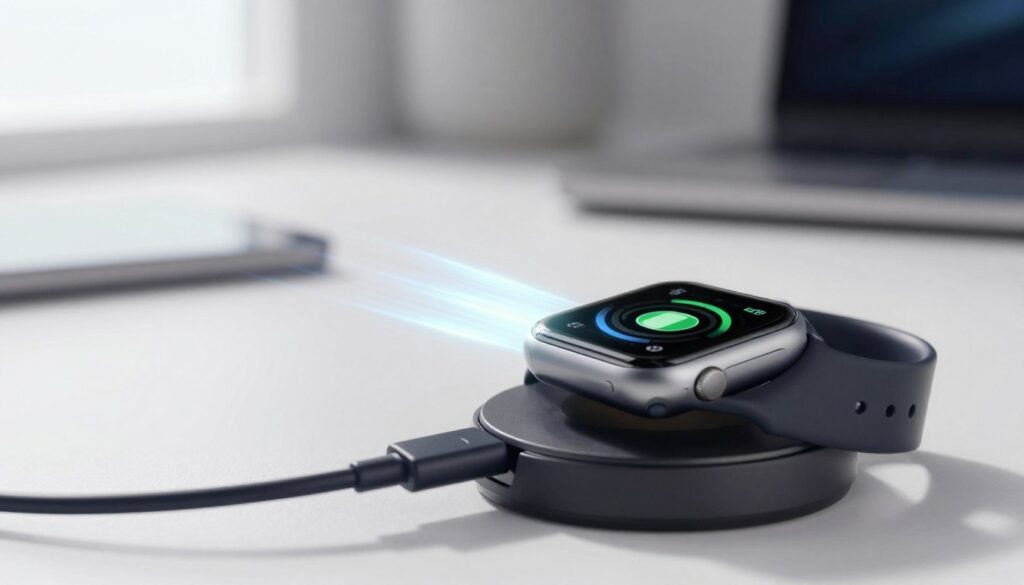 A close-up view of a smartwatch being charged on a sleek, modern charging pad. The foreground features the smartwatch prominently displaying its digital interface, with a glowing battery icon indicating rapid charging. In the middle ground, the charging cable is elegantly coiling, with a bright, dynamic light effect to suggest speed and efficiency. The background is softly blurred, featuring a minimalist tech workspace with subtle hints of futuristic gadgets. The scene is well-lit with natural light streaming in from a nearby window, creating a bright and optimistic atmosphere. The angle is slightly above the smartwatch, giving a sense of depth and focus on the charging process. The overall mood is energetic and modern, emphasizing innovation and convenience in smartwatch technology.