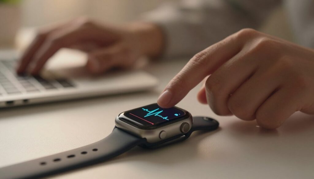 A close-up view of a smartwatch displaying an animated heart rate graph with pulsing lines, symbolizing stress monitoring. In the foreground, the smartwatch is elegantly placed on a sleek, minimalistic surface, hinting at modern technology. The middle ground showcases a blurred hand gently interacting with the screen, emphasizing human engagement with the device. The background is softly lit with warm, ambient tones that evoke a calm atmosphere, enhancing the feeling of health and well-being. The lens captures the scene from a slightly elevated angle, creating depth. Soft shadows and reflections suggest a professional workspace, highlighting the integration of technology in everyday life.