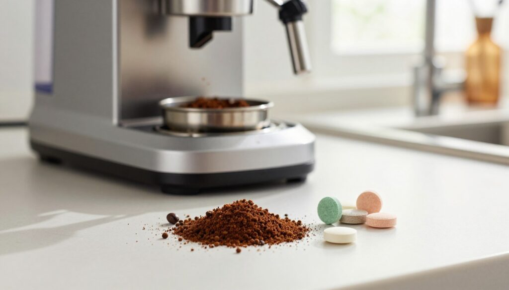 A close-up view of cleaning granules and tablets specifically designed for coffee grinder maintenance, set on a clean, well-lit kitchen countertop. The foreground focuses on a small pile of the vibrant, textured cleaning granules and a few tablets, showcasing their varied shapes and colors. In the middle, a sleek, silver electric coffee grinder with its lid partially open reveals some coffee grind residue inside, hinting at the necessity for cleaning. The background features blurred kitchen tools and a bright window, allowing natural light to filter through, creating a warm and inviting atmosphere. The mood emphasizes cleanliness and efficiency, ideal for illustrating an effective cleaning solution for coffee machines.