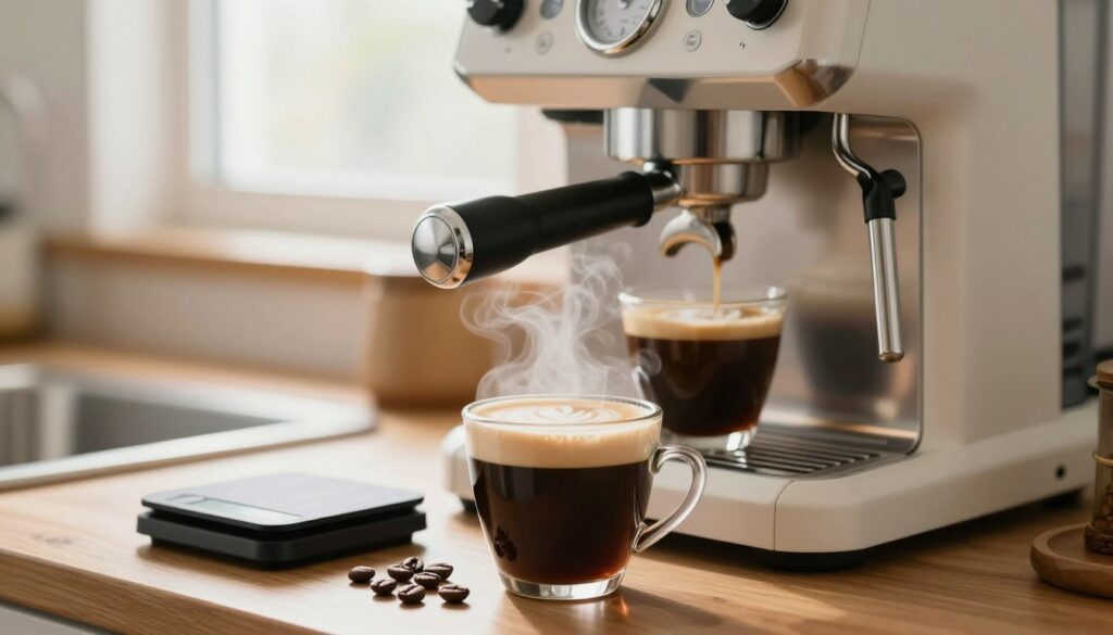 A close-up view of freshly brewed coffee in an elegant automatic espresso machine set against a warm kitchen background. In the foreground, a steaming cup of coffee sits on a wooden countertop, with visible coffee beans and a digital scale nearby. The middle ground features the espresso machine, showcasing its sleek design and metallic finish, emitting soft steam while a homemade coffee art is visible on the surface. In the background, a bright window allows natural light to flood the scene, creating a cozy and inviting atmosphere. The image should convey a sense of daily comfort, with hints of coffee culture, emphasizing the nuances of coffee preparation at home. Use soft focus on the elements beyond the foreground for a dreamy effect.