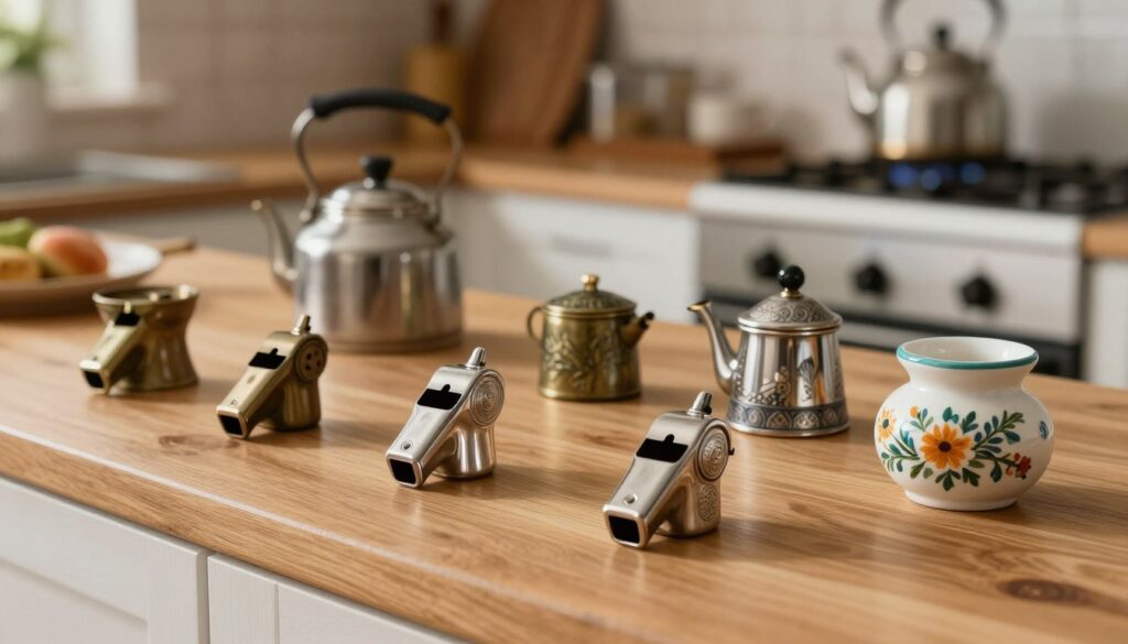 A collection of various traditional kettle whistles (gwizdki) elegantly arranged on a wooden kitchen countertop. In the foreground, a close-up view of a shiny stainless steel whistle features intricate engravings, while a ceramic one painted with floral patterns is nearby. The middle ground shows additional types of whistles made from bronze and aluminum, each displaying unique designs and colors. The background softly blurs into a cozy kitchen setting with warm lighting, showcasing a classic kettle and a stove. The atmosphere is inviting and homey, reflecting a blend of functionality and decorative charm, perfect for illustrating the diverse applications of kettle whistles. The image captures the beauty and utility of these kitchen accessories.