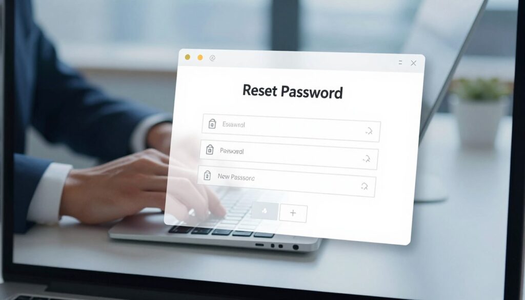 A computer screen displaying a "Reset Password" interface, featuring a clean and modern design typical of Windows operating systems. In the foreground, the screen is bright and illuminated, showing clear input fields for email and new password, with subtle icons indicating secure input. The middle layer includes a soft-focus view of a keyboard and a person’s hands, dressed in professional attire, poised over the keys to indicate action and urgency. The background consists of a softly blurred office environment, with calming blue tones to create a reassuring, focused atmosphere. The lighting is bright and even, simulating a typical office setup. The image captures a sense of determination and efficiency, depicting the crucial moment of regaining access to the computer.