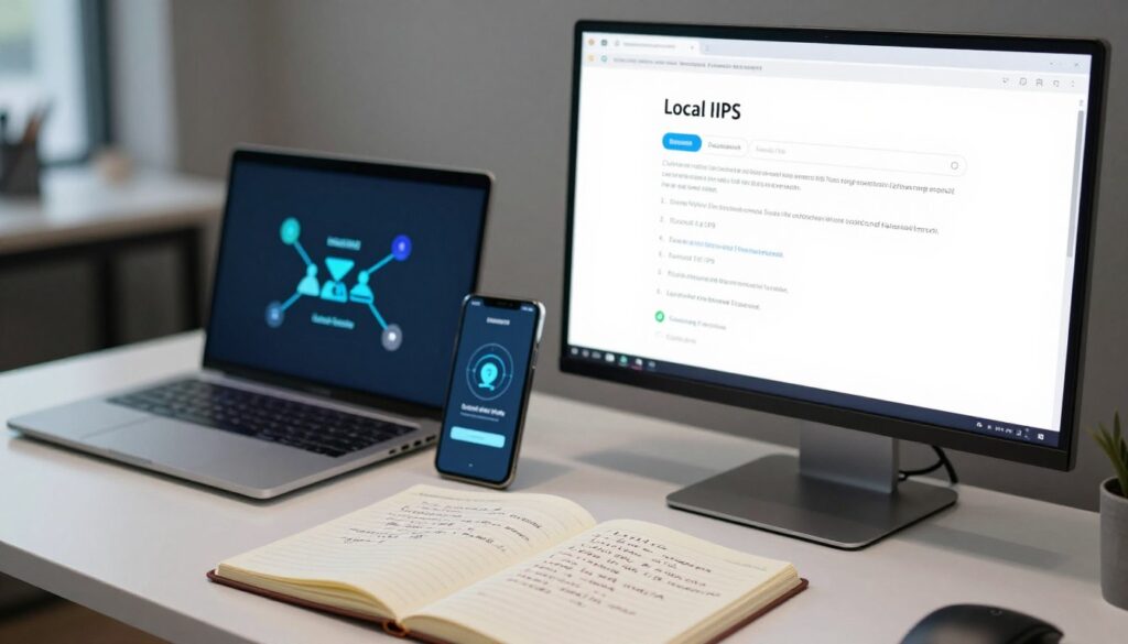 A concise and informative digital workspace scene featuring a computer monitor displaying a local IP address. In the foreground, an open notepad with handwritten notes about local and public IPs. The middle ground includes a modern laptop and a smartphone both showcasing networking icons. The background features a sleek office setting with ambient lighting, emphasizing a professional atmosphere. Use a soft focus effect on the background to bring emphasis to the devices. The composition should convey a sense of clarity and organization, ideal for an academic or technical article, highlighting the intricacies of IP addresses with a calming, intellectual mood. A concise and informative digital workspace scene featuring a computer monitor displaying a local IP address. In the foreground, an open notepad with handwritten notes about local and public IPs. The middle ground includes a modern laptop and a smartphone both showcasing networking icons. The background features a sleek office setting with ambient lighting, emphasizing a professional atmosphere. Use a soft focus effect on the background to bring emphasis to the devices. The composition should convey a sense of clarity and organization, ideal for an academic or technical article, highlighting the intricacies of IP addresses with a calming, intellectual mood.