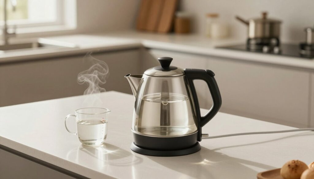 A contemporary electric kettle, sleek and metallic, sits prominently on a clean, minimalist kitchen countertop. The kettle is partially filled with steaming water, with a clear glass measuring cup beside it, showcasing the exact amount in liters as a subtle nod to cost calculations. In the background, a soft-focus view of a modern kitchen can be seen, highlighted with warm, inviting lighting to evoke a cozy atmosphere. Natural light streams in from a nearby window, casting gentle shadows. The angle is slightly overhead, providing a top-down perspective of the kettle, emphasizing its design while hinting at its functionality. The scene invites viewers to consider both the aesthetic and practical aspects of boiling water efficiently for tea.