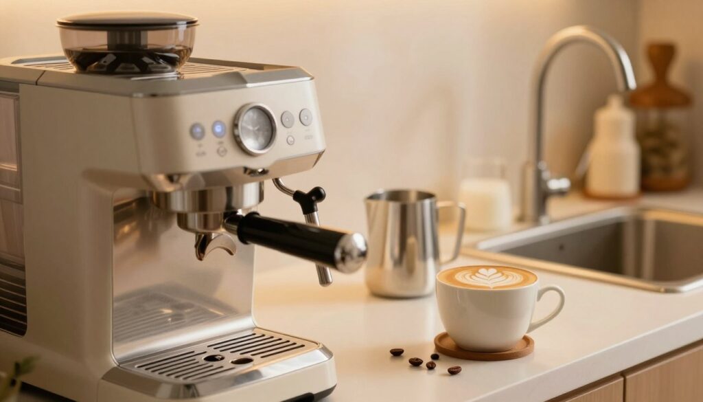 A cozy kitchen scene featuring a modern coffee machine with a milk system, showcasing various milk frothing options: a sleek LatteGo system, a LatteCrema attachment, a flexible milk tube, and a stylish milk carafe. The foreground highlights the coffee machine, gleaming under warm, soft lighting that creates an inviting atmosphere. In the middle, there's a beautifully crafted latte art on a cup, surrounded by milk froth and coffee beans. The background features a clean kitchen countertop with subtle decor, blending seamlessly into the ambiance. Capture a warm, homey feel, with a shallow depth of field to emphasize the coffee machine while softly blurring the background, creating a tranquil and inviting mood.