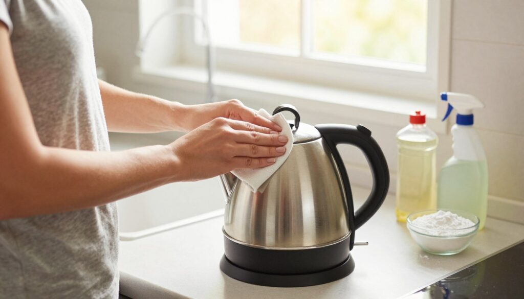 A cozy kitchen scene featuring a sparkling clean electric kettle being safely cleaned from the inside. In the foreground, a woman in modest casual attire gently wipes the interior of the kettle with a soft cloth, demonstrating careful cleaning techniques. The kettle, made of stainless steel, reflects bright natural light, emphasizing its cleanliness. The middle ground shows a countertop with gentle colors, adorned with household cleaning supplies such as a natural vinegar bottle and a bowl of baking soda, arranged neatly to suggest safe cleaning practices. In the background, a bright window allows soft sunlight to filter through, creating a warm and inviting atmosphere. The scene conveys a sense of safety and care in domestic chores, focusing on proper maintenance of kitchen appliances.
