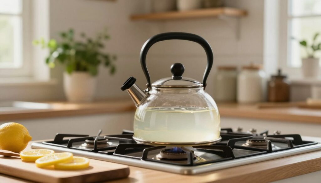 A cozy kitchen scene featuring a vintage kettle filled with white vinegar, sitting on a stovetop. The kettle is polished and reflects soft, warm sunlight streaming through a nearby window, creating a serene atmosphere. In the foreground, there is a wooden cutting board with lemon slices and a small wooden spoon, hinting at natural remedies. The background includes elegant shelves filled with kitchen herbs and rustic ceramic jars. The entire composition conveys a sense of cleanliness and homey charm, inviting the viewer to explore the effective method of using vinegar for descaling. The scene is captured using a shallow depth of field, focusing on the kettle while gently blurring the background elements to emphasize the subject.