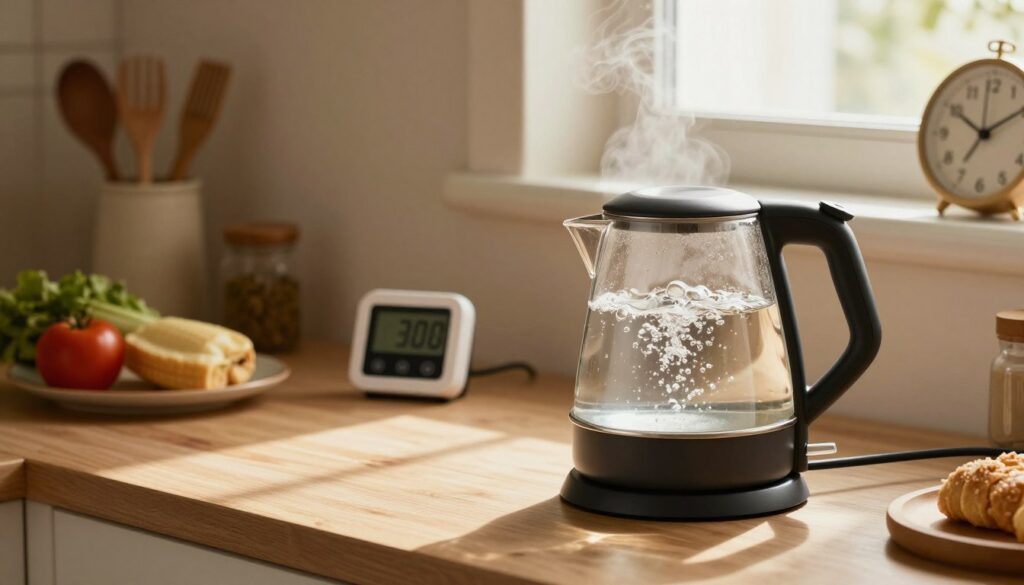 A cozy kitchen scene focusing on an electric kettle on a countertop, filled with water, beginning to steam. In the foreground, a modern, sleek electric kettle with a visible power cord, surrounded by kitchen ingredients and utensils, creating a homey atmosphere. In the middle background, a digital timer is displayed, emphasizing the theme of cooking time. The lighting is warm and inviting, coming from a nearby window, casting soft shadows that enhance the kitchen's details. The camera angle captures the kettle at a slight elevation, offering a clear view of the water as it bubbles. Incorporate elements like a clock to signify time passing, all while maintaining a clean and professional aesthetic.