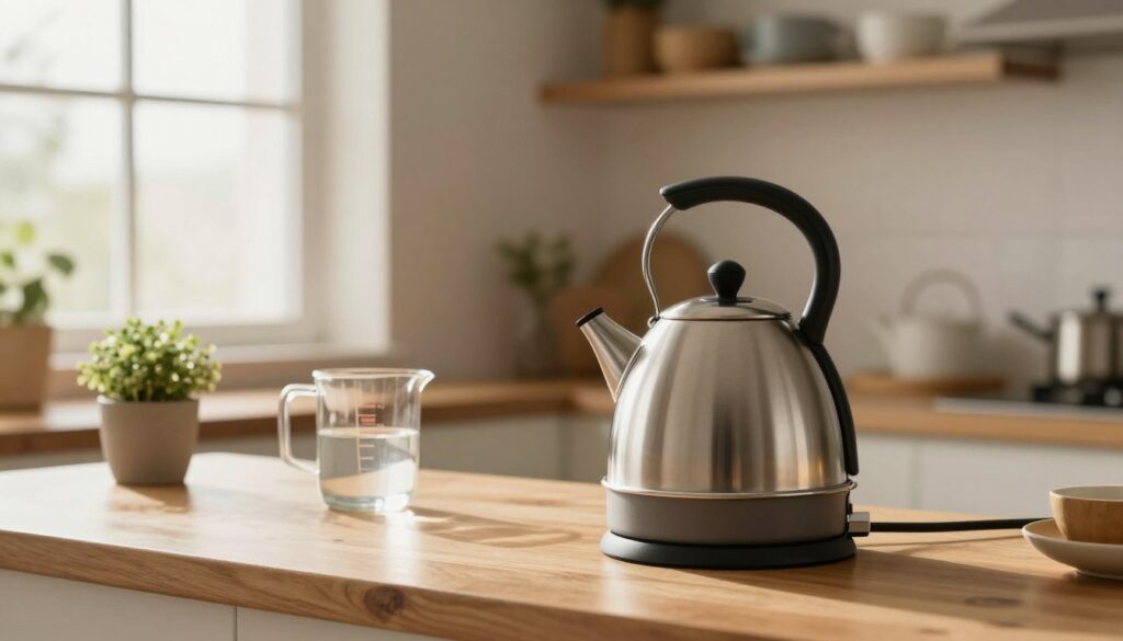A cozy modern kitchen setting, featuring an electric kettle prominently in the foreground. The kettle is elegantly designed, with a sleek stainless steel finish, sitting on a wooden countertop surrounded by kitchen essentials like a small potted plant and a measuring jug filled with water. In the middle ground, a window allows soft, warm natural light to illuminate the scene, creating an inviting atmosphere. In the background, shelves hold neatly arranged kitchenware, enhancing the homely feel. The angle is slightly elevated, giving a clear view of the kettle preparing to boil water, symbolizing energy efficiency and reduced power usage. The mood is peaceful and warm, reflecting convenience without sacrificing comfort.