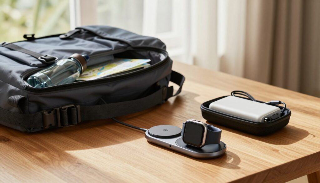 A cozy travel setup for charging a smartwatch, featuring a neatly organized charging station on a wooden table. In the foreground, a smartwatch charging on a sleek, modern charging pad, surrounded by a compact travel case holding extra cables and a portable power bank. The middle ground showcases a stylish backpack partially open, revealing travel essentials like a water bottle and a map, hinting at an adventurous spirit. In the background, a soft-focus of a sunlit window with sheer curtains, creating a warm and inviting atmosphere. The lighting is natural, casting gentle shadows, and the angle is slightly overhead to capture all elements harmoniously. The overall mood is relaxed and adventurous, embodying the essence of travel comfort and convenience.