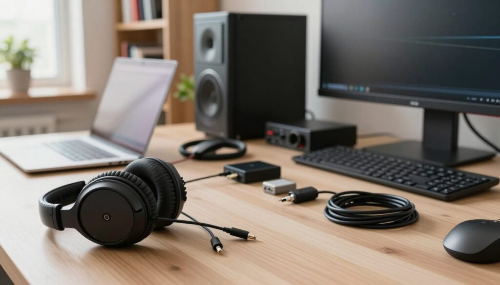 A crowded desk setup in a well-lit home office, showcasing a variety of audio devices including wired headphones and a wireless headset. The foreground features a pair of high-quality headphones with a coiled audio cable, displaying a close-up view of the connectors. In the middle, a sleek computer tower and a monitor are visible, alongside a neatly organized area with a laptop, USB adapters, and audio interface. The background reveals bookshelves filled with tech manuals and a potted plant for a touch of greenery. Soft natural light filters through a nearby window, creating a warm and inviting atmosphere. The mood is professional yet approachable, emphasizing the theme of sound preparation before connecting devices.