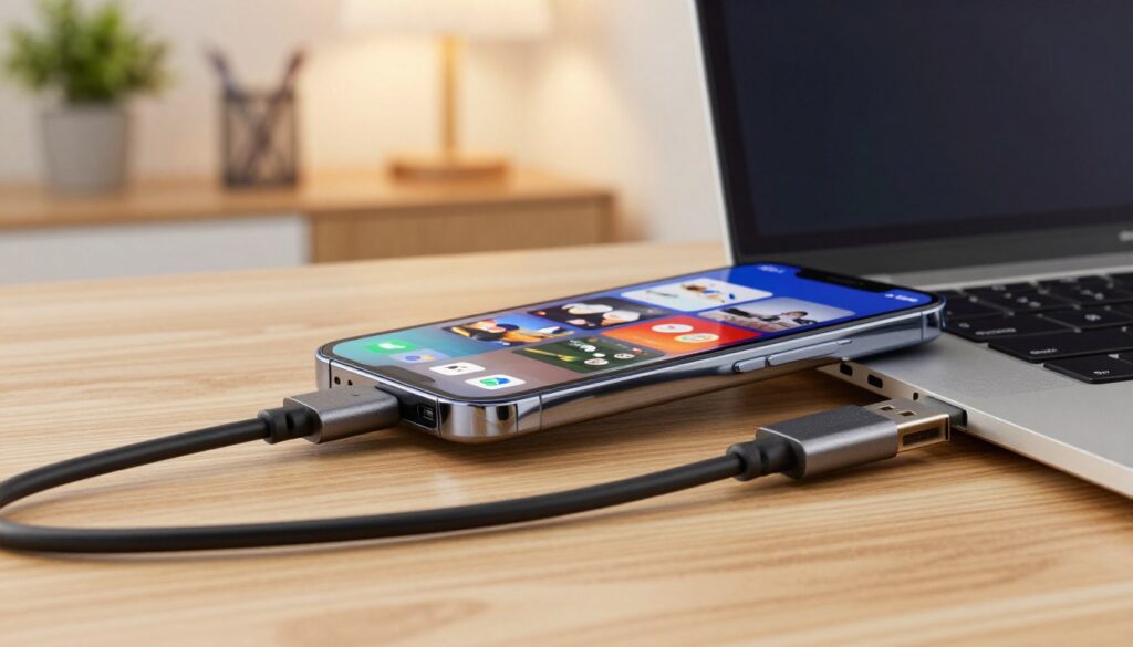 A detailed USB cable prominently positioned in the foreground, the wire slightly coiled to show texture and flexibility. The middle section features a sleek modern smartphone displaying a vibrant video thumbnail, connected to a high-end laptop via the USB cable. The background consists of a softly blurred home office setting with a warm ambiance, defined by a wooden desk, potted plants, and a gently glowing lamp, creating a sense of productivity and technology. Use bright, natural lighting to enhance the scene and highlight the reflections on the devices. The composition should evoke a sense of efficiency and clarity, focusing on the importance of seamless data transfer without quality loss. A detailed USB cable prominently positioned in the foreground, the wire slightly coiled to show texture and flexibility. The middle section features a sleek modern smartphone displaying a vibrant video thumbnail, connected to a high-end laptop via the USB cable. The background consists of a softly blurred home office setting with a warm ambiance, defined by a wooden desk, potted plants, and a gently glowing lamp, creating a sense of productivity and technology. Use bright, natural lighting to enhance the scene and highlight the reflections on the devices. The composition should evoke a sense of efficiency and clarity, focusing on the importance of seamless data transfer without quality loss.