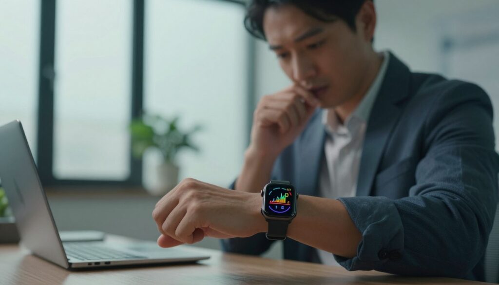 A detailed and visually engaging representation of "stress levels," focusing on a modern smartwatch displaying various stress measurement metrics. In the foreground, the smartwatch is prominently showcased with a vibrant screen illustrating an intricate graph and a numerical stress level indicator. In the middle ground, a professional in smart casual attire closely examines the data on the watch, expressing a thoughtful demeanor. The background should depict a serene office environment with soft lighting filtering through large windows, creating a calm and focused atmosphere. The colors should be a blend of soothing blues and greens, accentuating a sense of balance and tranquility. The angle should highlight both the watch and the individual’s focus on interpreting the stress metrics.