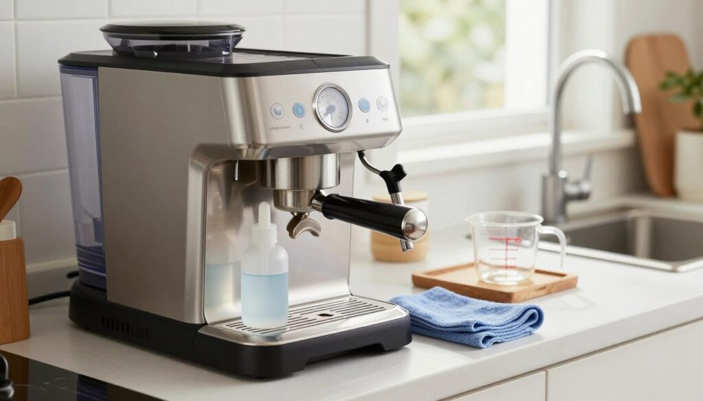 A detailed coffee machine preparation scene for descaling. In the foreground, a gleaming coffee machine sits on a clean kitchen counter, its components carefully arranged; empty water tank, descaling solution bottle, and a soft cloth for cleaning. The middle ground features a well-organized countertop with tools like a measuring cup and a funnel, emphasizing a methodical approach. In the background, a bright, airy kitchen setting with natural light filtering in through a window creates a welcoming atmosphere. Use a subtle focus effect to highlight the coffee machine, while maintaining clarity on the surrounding elements. The mood is informative and reassuring, suggesting a careful, safe preparation process. The image should evoke a sense of cleanliness and organization, ideal for guiding readers through the descaling preparation.
