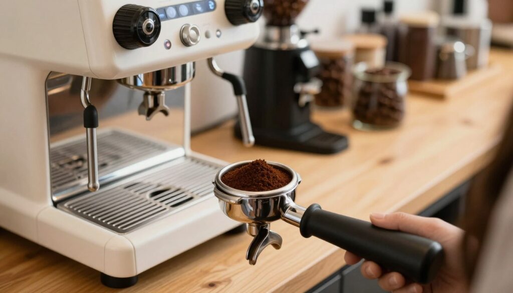 A detailed espresso coffee distribution scene, showcasing freshly ground coffee being carefully leveled in a portafilter basket. In the foreground, focus on the rich, dark grounds, with a coffee distribution tool in motion, emphasizing precision. In the middle, a well-lit kitchen counter with a traditional espresso machine and coffee grinder, highlighting their polished surfaces. The background reveals shelves stacked with various coffee beans and accessories, softly blurred to draw attention to the foreground action. Use warm lighting to create a cozy atmosphere, simulating the inviting ambiance of a coffee shop. Aim for an angle that captures the process from above, conveying an informative and engaging vibe for coffee enthusiasts, ensuring the image remains professional and clean.
