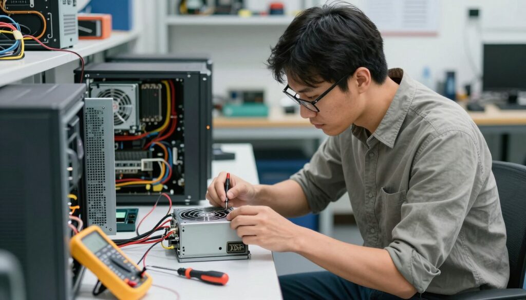 A detailed scene depicting a technician checking a computer power supply unit (PSU). In the foreground, a focused technician wearing a modest casual shirt and glasses kneels beside an open desktop computer, carefully inspecting the power supply cables and connections. In the middle ground, various tools like a multimeter and screwdrivers are neatly arranged on a workbench, enhancing the technical atmosphere. The background features a well-lit workshop with shelves of electronic components and diagnostic equipment. The lighting is bright and even, highlighting the technician’s concentrated expression. The overall mood is professional and instructional, suggesting a step-by-step process of troubleshooting a computer power supply.