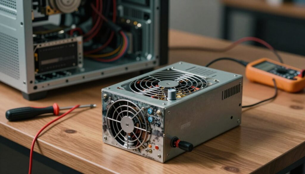 A detailed view of a malfunctioning computer power supply unit (PSU) showcased on a wooden desk. In the foreground, focus on the PSU with visible signs of damage such as burnt components and bulging capacitors. The midground features a partially disassembled computer case, wires disconnected, and tools like a multimeter or screwdriver scattered around, indicating a troubleshooting scenario. In the background, soft ambient lighting is set to create a slightly dim atmosphere, enhancing the sense of diagnostic tension. The scene has a realistic photographic quality, with a shallow depth of field to emphasize the PSU's issues. The overall mood should capture a sense of urgency and technical analysis, reflective of typical computer repair settings.