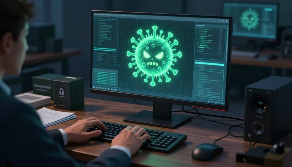A digital illustration of a computer monitor displaying a menacing virus icon, symbolizing a trojan blocking access. In the foreground, a pair of hands in professional attire are cautiously approaching the keyboard, suggesting an attempt to remove the threat. The middle layer features a cluttered desk with various tools for cybersecurity, like software boxes and manuals, implying a technical environment. The background shows a dimly lit room filled with tech gadgets, casting shadows that create a tense atmosphere. The lighting focus is on the monitor, highlighting the virus icon with a greenish hue, while the rest of the scene remains darker, enhancing the feeling of urgency and danger. The composition should evoke a sense of caution and professionalism in addressing the security threat.