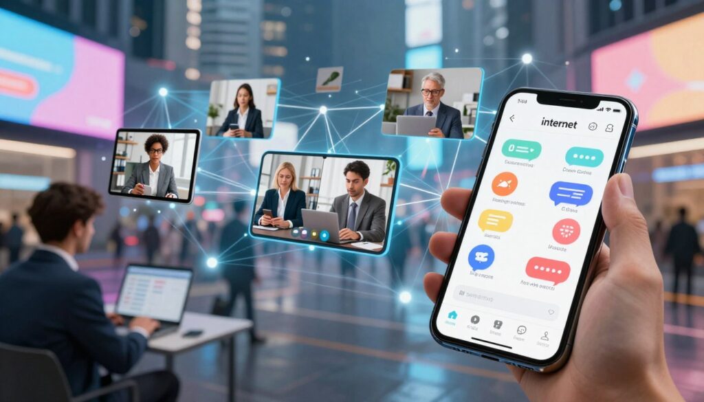 A dynamic and engaging scene showcasing the concept of "internet" as a vibrant, interconnected digital world. In the foreground, depict a sleek smartphone displaying various communication apps with colorful notifications. The middle ground features diverse people in professional business attire, engaged in video calls and messaging on multiple devices, including tablets and laptops. The background illustrates a busy urban environment with glowing screens and digital billboards, symbolizing connectivity and modern communication. Soft, ambient lighting creates an inviting atmosphere, with a focus on bright colors to represent dynamic information flow. Use a wide-angle lens to capture the energy of the scene, emphasizing the relationship between technology and everyday life.