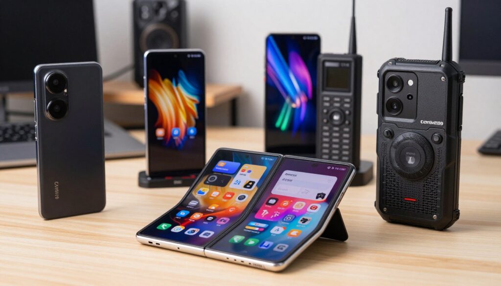 A dynamic composition showcasing a variety of special and niche smartphones, including foldable, rugged, gaming, and FM radio models. In the foreground, highlight a sleek foldable phone elegantly opened to reveal its dual screens, with vibrant app displays. Beside it, a sturdy, rugged phone with a textured surface suggesting durability, positioned to showcase its enhanced features. In the middle ground, display a gaming smartphone with customizable controls illuminated under dramatic, colorful LED lighting, and an old-school phone with a visible FM radio antenna. The background features a softly blurred, tech-inspired workspace ambiance with subtle hints of modern gadgets. The lighting is bright and inviting, enhancing the smartphone details, conveying a mood of innovation and excitement in the tech world.