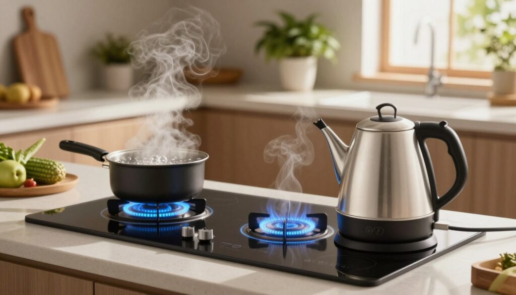 A dynamic scene depicting the concept of energy used in boiling water, showcasing an electric kettle on a sleek kitchen countertop. In the foreground, a modern electric kettle is plugged in, with steam rising from its spout, symbolizing efficient energy use. The middle ground features a glowing induction cooktop, with water heating rapidly in a pot, illustrating another energy source. The background shows a serene kitchen environment, with green plants and eco-friendly elements to highlight sustainability. Soft, natural lighting filters through a nearby window, casting warm shadows and enhancing the cozy atmosphere. A close-up angle captures the bubbling water in both the kettle and the pot, emphasizing the energy consumption and efficiency. The overall mood is warm and inviting, reflecting a modern, eco-conscious lifestyle. A dynamic scene depicting the concept of energy used in boiling water, showcasing an electric kettle on a sleek kitchen countertop. In the foreground, a modern electric kettle is plugged in, with steam rising from its spout, symbolizing efficient energy use. The middle ground features a glowing induction cooktop, with water heating rapidly in a pot, illustrating another energy source. The background shows a serene kitchen environment, with green plants and eco-friendly elements to highlight sustainability. Soft, natural lighting filters through a nearby window, casting warm shadows and enhancing the cozy atmosphere. A close-up angle captures the bubbling water in both the kettle and the pot, emphasizing the energy consumption and efficiency. The overall mood is warm and inviting, reflecting a modern, eco-conscious lifestyle.
