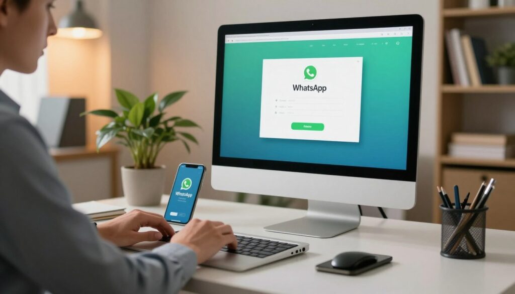 A focused workspace featuring a modern computer setup on a sleek desk. In the foreground, a person dressed in professional business attire is intently using a laptop, with their hands positioned over the keyboard. The middle ground reveals a desktop monitor displaying the WhatsApp installation interface, showing an ongoing connection process between the computer and a smartphone beside it. The background consists of a well-organized office environment with a plant and bookshelves, softly lit by warm ambient lighting to create a welcoming atmosphere. The image captures a sense of concentration and problem-solving, accentuated by a slightly blurred view to emphasize the action taking place at the desk.