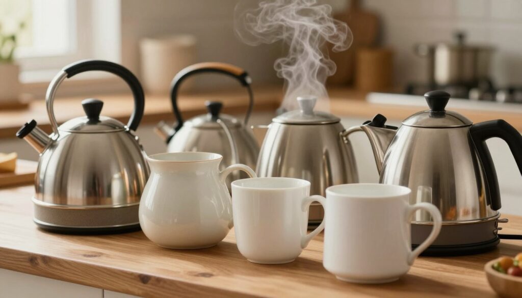 A high-quality close-up image showcasing various kettles made from different materials—such as stainless steel, glass, ceramic, and plastic—arranged on a wooden kitchen counter. The focus is on the textures and finishes of each kettle to highlight their roles in preventing limescale buildup. In the background, a subtle hint of a kettle’s steam rising while boiling water adds a dynamic element, bathed in warm, soft lighting that evokes a cozy kitchen atmosphere. The angle is slightly tilted downwards to emphasize the kettles in the foreground, while the background remains softly blurred, enhancing depth. The overall mood is warm and informative, reflecting the theme of safety in water quality and material choices.