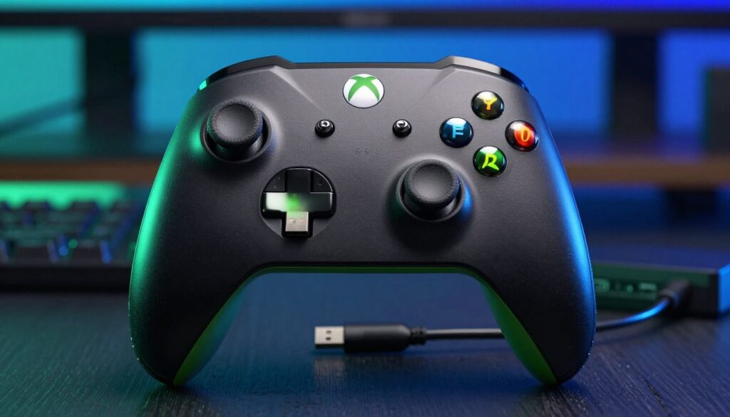 A high-resolution image of an Xbox Series controller prominently displayed in the foreground, showcasing its sleek design and modern features such as textured grip and button layout. The controller is centered, with light reflecting off its glossy finish to emphasize the colors, including the black and green accents. In the middle, a USB cable is visibly connected to the controller, coiling slightly, while an Xbox Wireless Adapter is subtly placed beside it. The background features a softly blurred gaming environment, illuminated by cool blue and green ambient lighting to evoke a tech-savvy atmosphere. The overall mood is engaging and dynamic, ideal for a gaming setup scene, with a focus on connectivity options for PC.