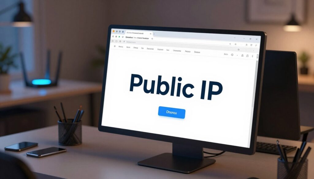 A highly detailed illustration of a computer screen displaying a web browser with an IP address in bold digits, positioned prominently at the forefront. In the background, a modern home office setting with a sleek desk, ergonomic chair, and a router emitting soft blue light. Dim, warm lighting enhances the focus on the screen, creating a professional yet inviting atmosphere. The camera angle captures the computer screen from a slight elevation, emphasizing the clarity of the displayed public IP address. On the desk, subtle technical gadgets and a smartphone are present, suggesting a tech-savvy environment. No text, human figures, or distractions; the image encapsulates a straightforward, informative feel, ideal for illustrating the concept of checking a public IP address. A highly detailed illustration of a computer screen displaying a web browser with an IP address in bold digits, positioned prominently at the forefront. In the background, a modern home office setting with a sleek desk, ergonomic chair, and a router emitting soft blue light. Dim, warm lighting enhances the focus on the screen, creating a professional yet inviting atmosphere. The camera angle captures the computer screen from a slight elevation, emphasizing the clarity of the displayed public IP address. On the desk, subtle technical gadgets and a smartphone are present, suggesting a tech-savvy environment. No text, human figures, or distractions; the image encapsulates a straightforward, informative feel, ideal for illustrating the concept of checking a public IP address.